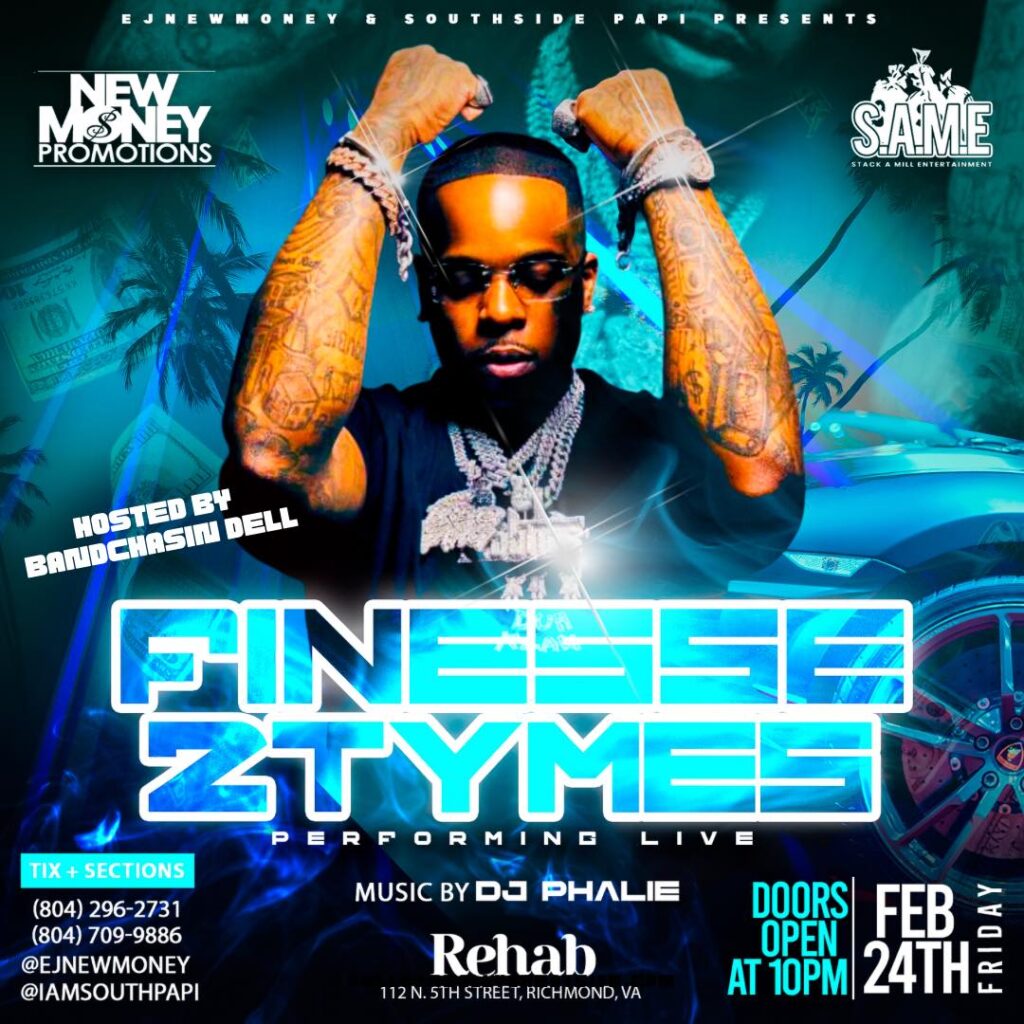 Bold performance flyer for rapper Finesse 2Tymes live at Rehab Lounge on February 24, presented by New Wave Nation.