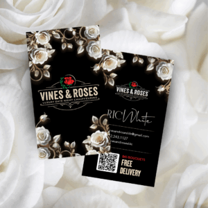 Elegant black and gold business card design for Vines & Roses luxury date night chauffeuring, featuring white rose illustrations, a red rose logo, and bold typography with contact details and QR code