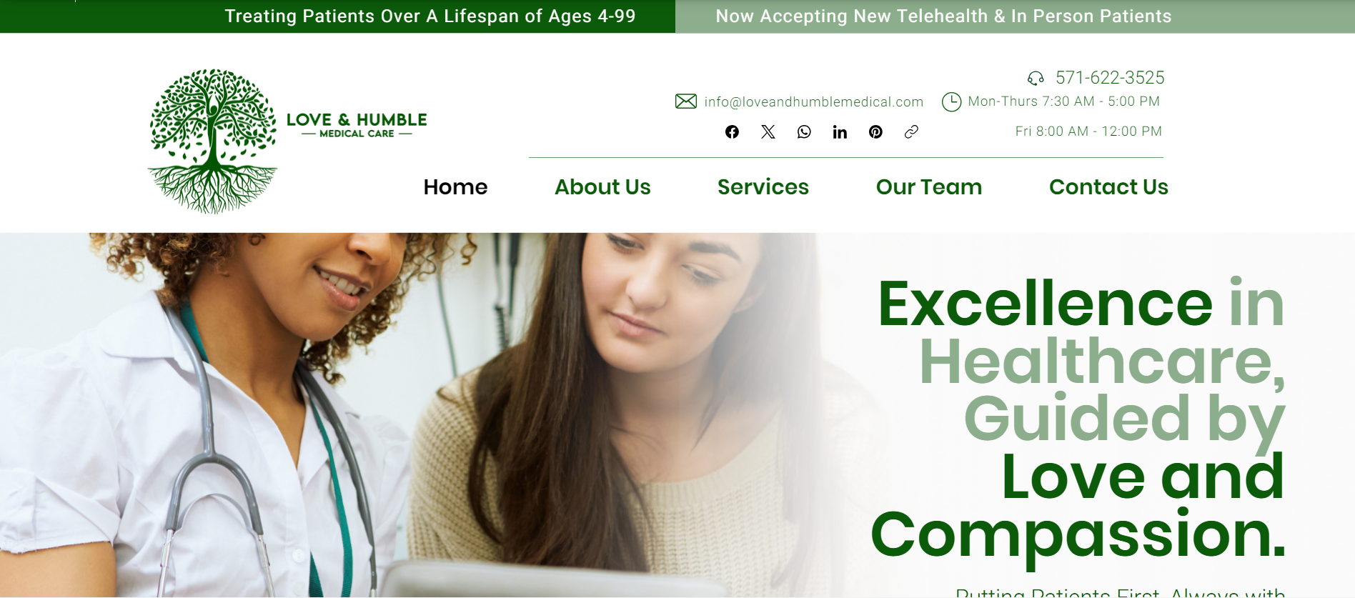 Love & Humble Medical Care website banner with doctors and tagline “Excellence in Healthcare, Guided by Love and Compassion.”
