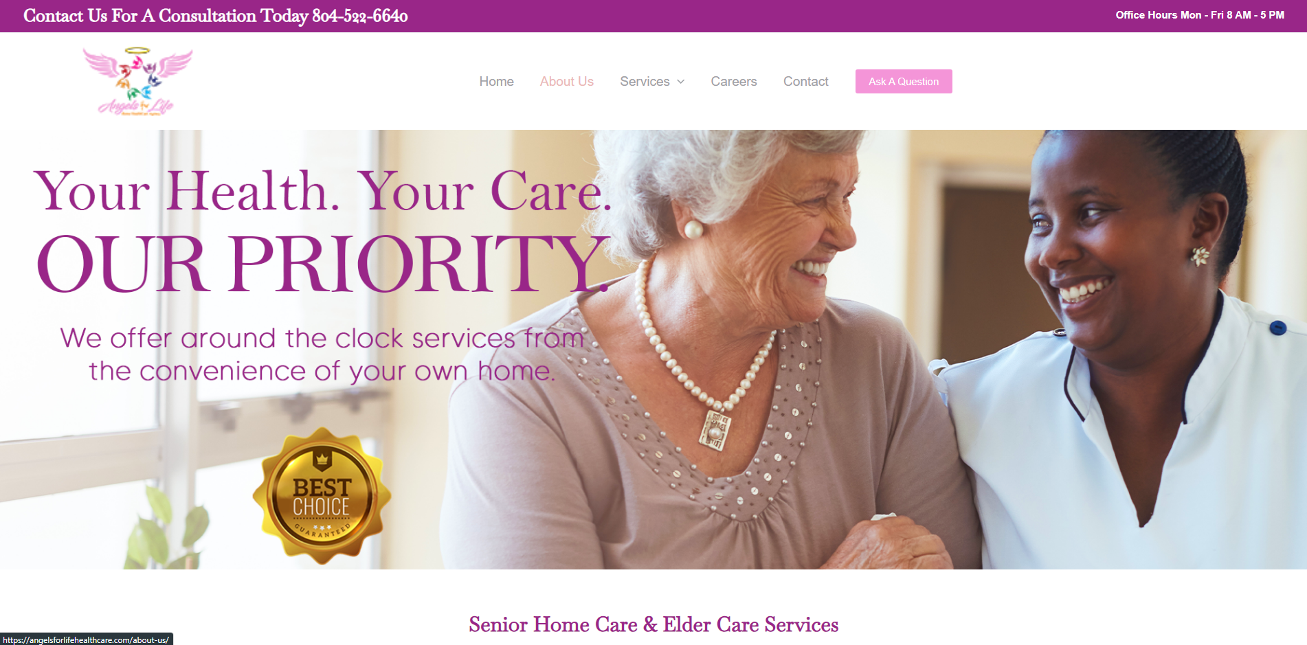Compassionate caregiver smiling with an elderly woman in a homecare setting.