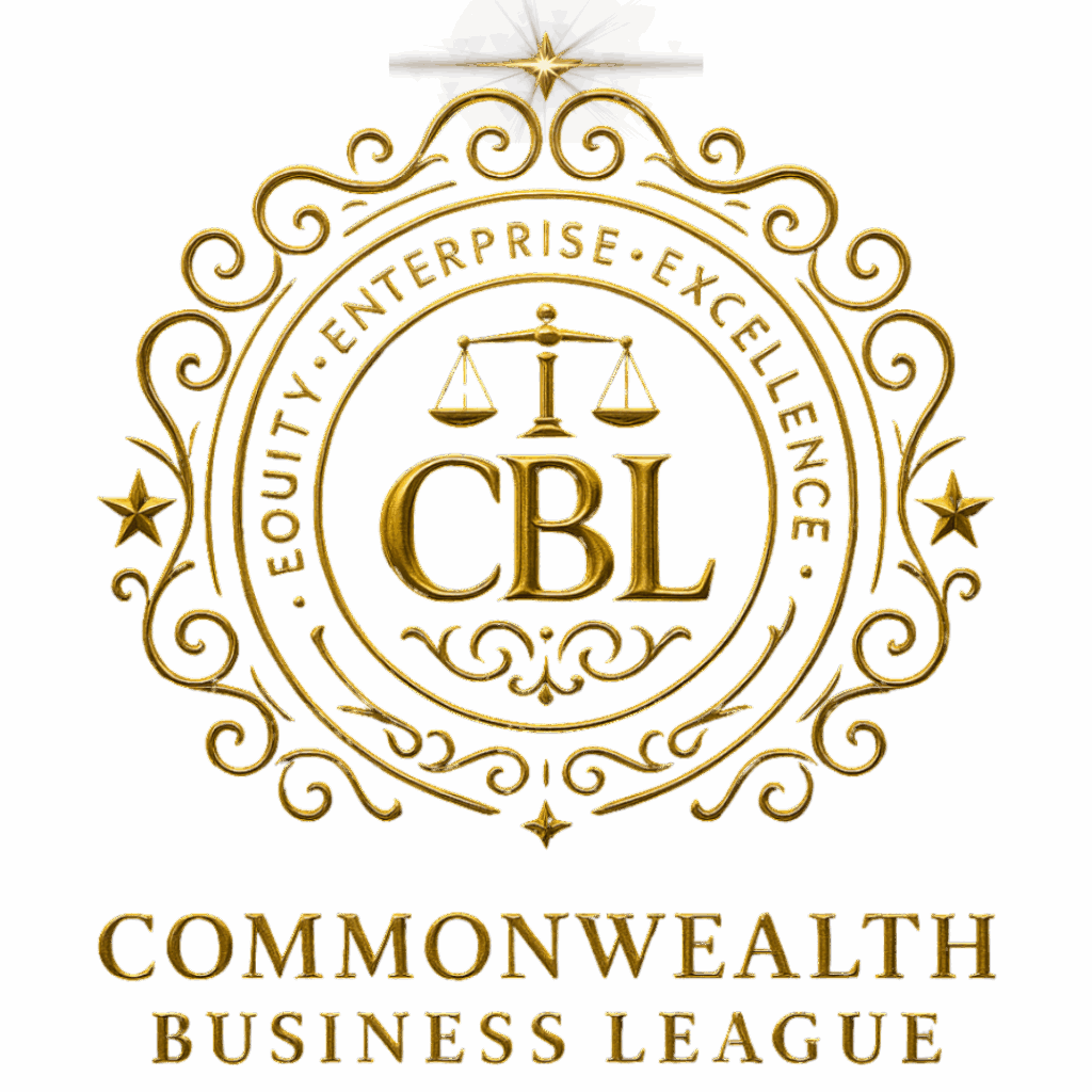 Ornate circular logo for CBL Commonwealth Business League with gold emblem and enterprise feel.