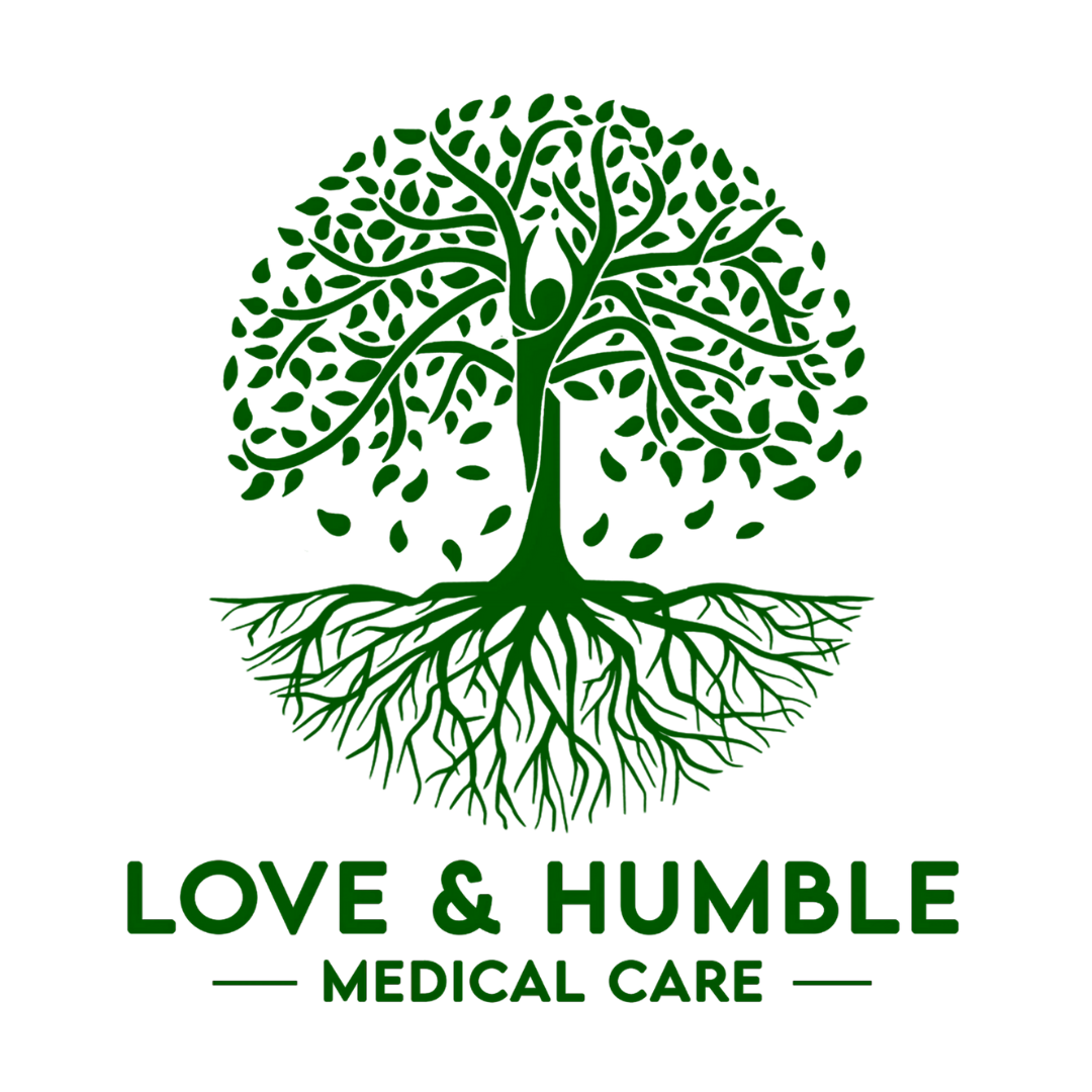 Tree-themed green logo for Love & Humble, symbolizing growth, peace, and balance.