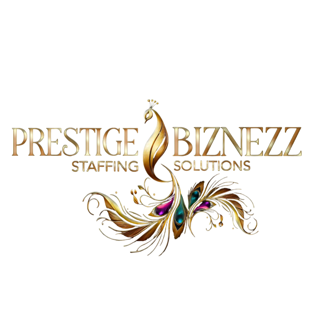 Sophisticated gold and black logo for Prestige Biznezz Staffing Solutions featuring a feather flourish.