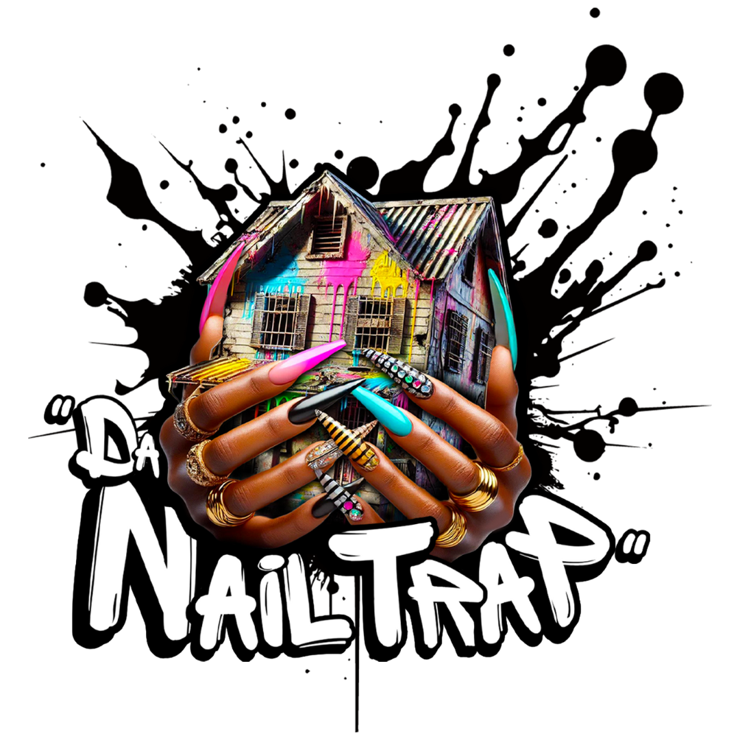 Logo design for Da Nail Trap featuring bold text and a vibrant, gem-covered hand graphic.