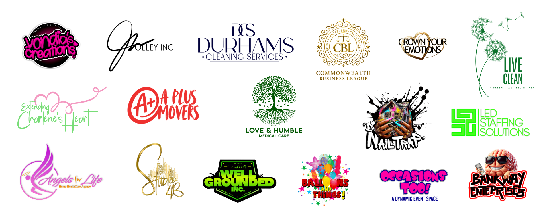 A collage of logos from brands designed and developed by The Creative Direction, including Durham’s Cleaning Services, Jolley Inc., A+ Movers, LED Staffing, Crown Your Emotions, and more.