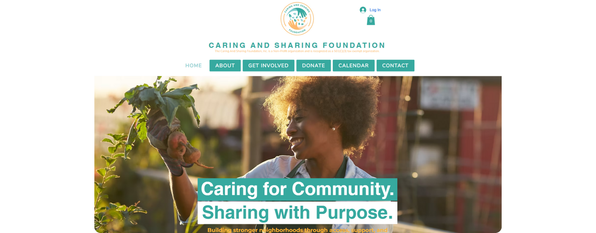Black woman harvesting vegetables outdoors; Caring and Sharing Foundation website emphasizing community support and purpose-driven giving. community foundation, nonprofit support, urban agriculture, food justice