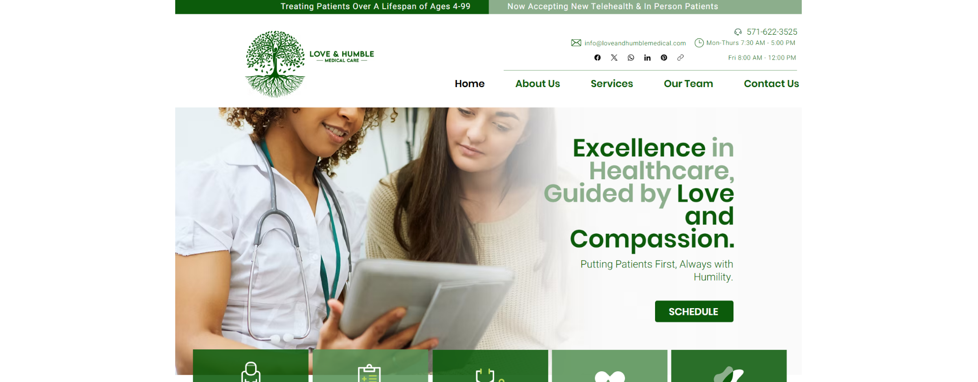 Two female healthcare professionals smiling while reviewing a digital tablet; Loyal Healthcare website promoting compassionate care services. home healthcare, compassionate caregiving, medical support services