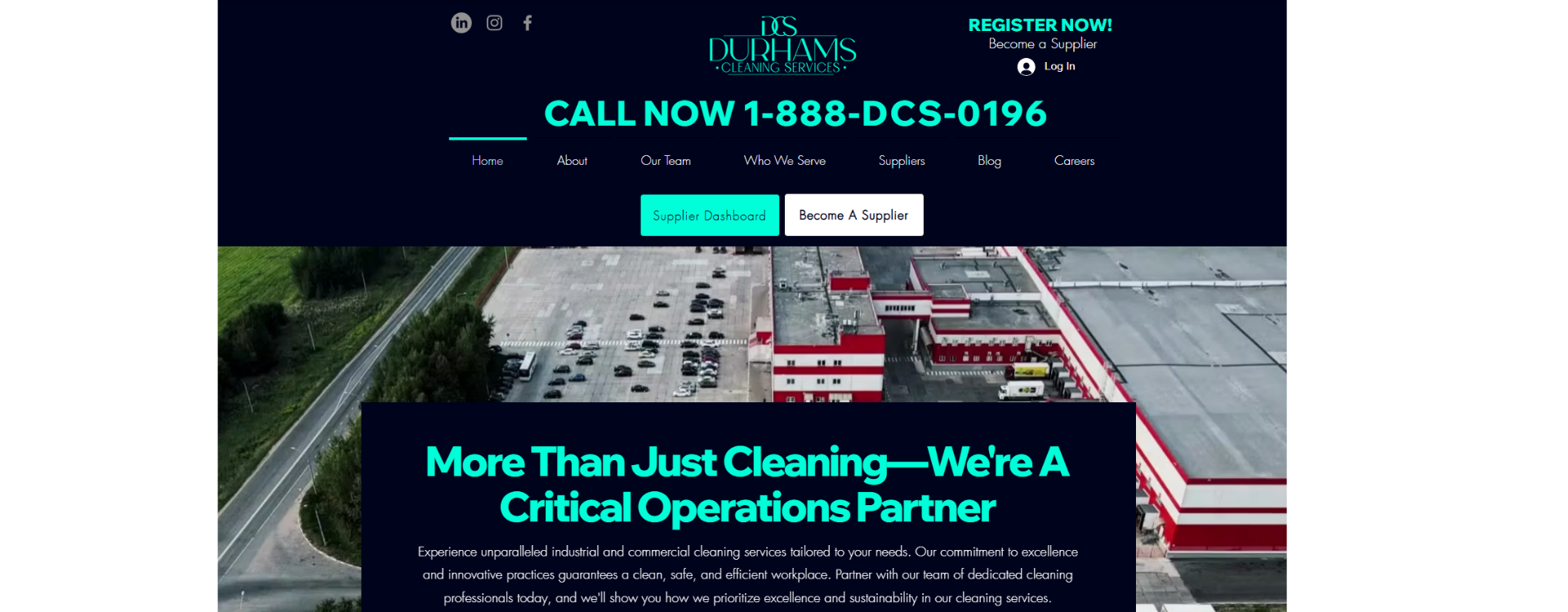 Aerial view of a large commercial facility with DCS Cleaning Services tagline: More Than Just Cleaning — We’re a Critical Operations Partner. commercial cleaning, warehouse sanitation, industrial facility services, DCS Clean Team