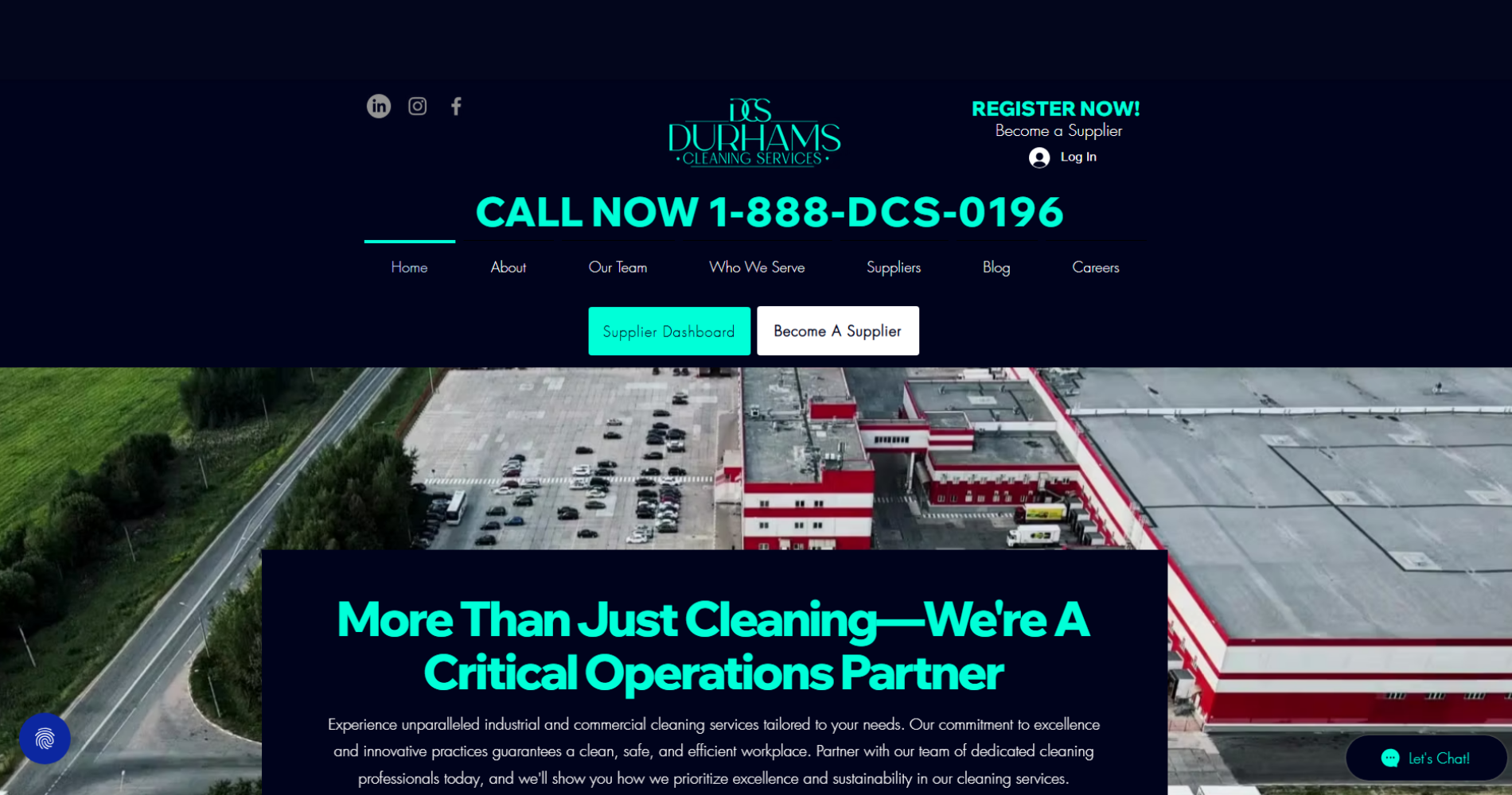Screenshot of Durham’s Cleaning Services website showcasing their critical operations approach to industrial and commercial cleaning.