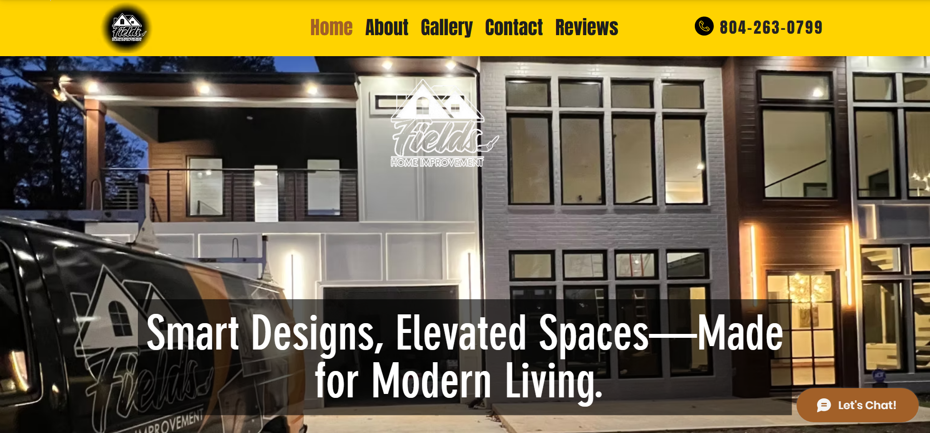 Website screenshot for Fields Home Improvements highlighting smart home design and construction services with modern architecture.