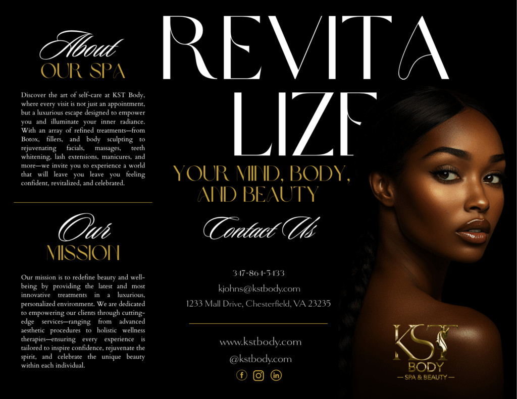 Tri-fold brochure for KST Body Spa featuring a luxury skincare and wellness brand. Includes a portrait of a Black woman with glowing skin, sections on spa mission and services, and gold-accented branding with the tagline: Revitalize Your Mind, Body, and Beauty.