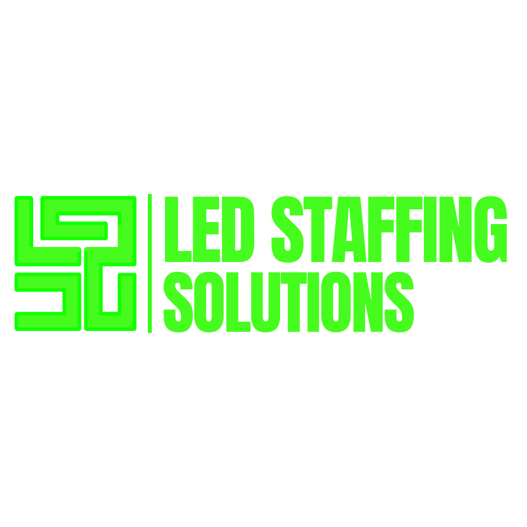 Bold green and black logo for LED Staffing Solutions featuring a modern geometric icon.
