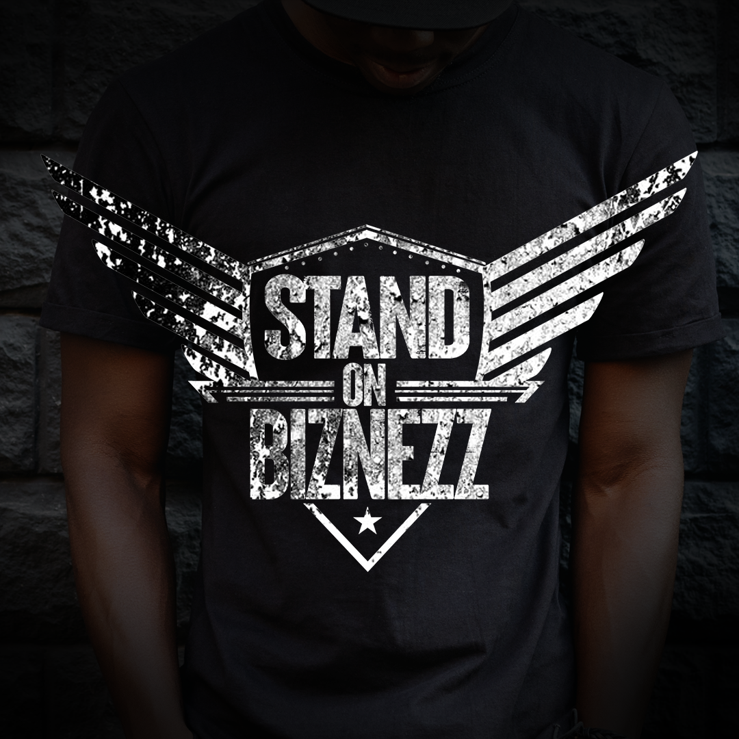 Monochrome logo design for Stand on Biznezz apparel with strong, block lettering and eagle emblem.