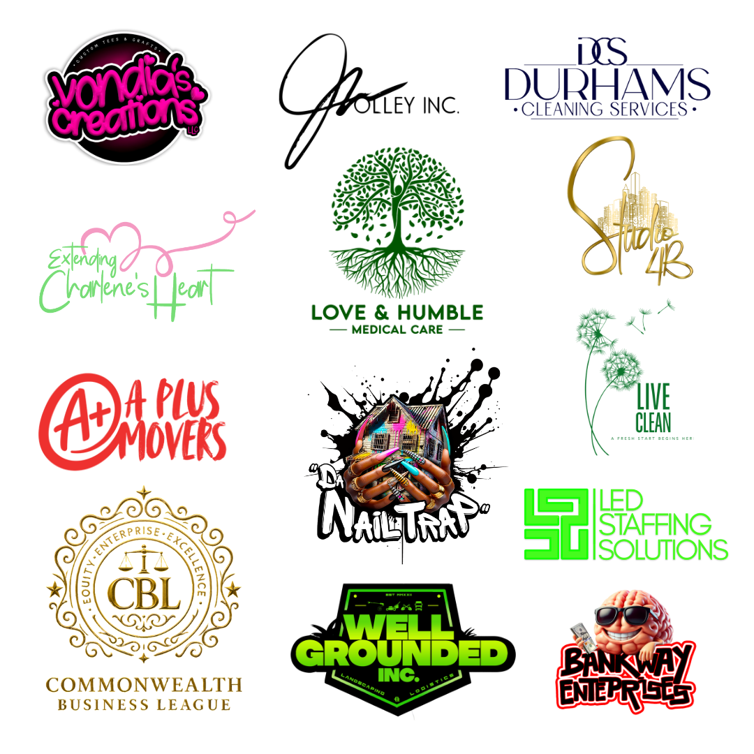 Collection of twelve collaboration logos designed by [Your Brand Name], featuring diverse businesses including beauty, wellness, community organizations, landscaping, moving services, and pet care.