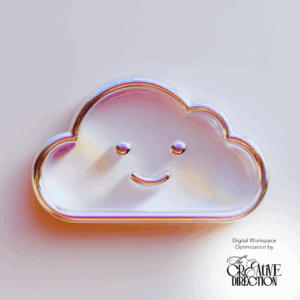 Minimal smiling cloud icon with a holographic outline on a soft white background, symbolizing digital cloud storage and workspace optimization.