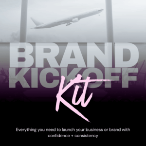Promotional graphic for the Brand Kickoff Kit bundle featuring mockups of website, logo design, and social media promo templates on a pink background with pricing and package features.