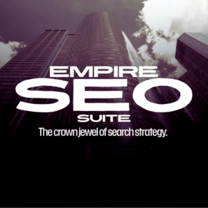 Empire SEO Suite graphic featuring skyscraper background and bold typography representing advanced search strategy services by The Creative Direction.