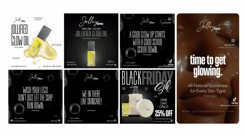 Social media content by The Creative Direction for Jolley Essentials showcasing Jollified Glow Oil and skincare promotions, including product shots, Black Friday sale graphics, and branded quotes for Instagram and TikTok