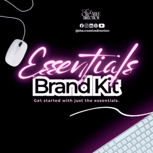 Essentials Brand Kit mockup featuring logo variations, color palette, mood board, and mini brand guide representing a complete visual identity system for small businesses.