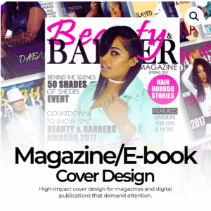 Magazine and e-book cover design mockup featuring Beauty & Barber Magazine with multiple cover variations and editorial layouts for print and digital publications.
