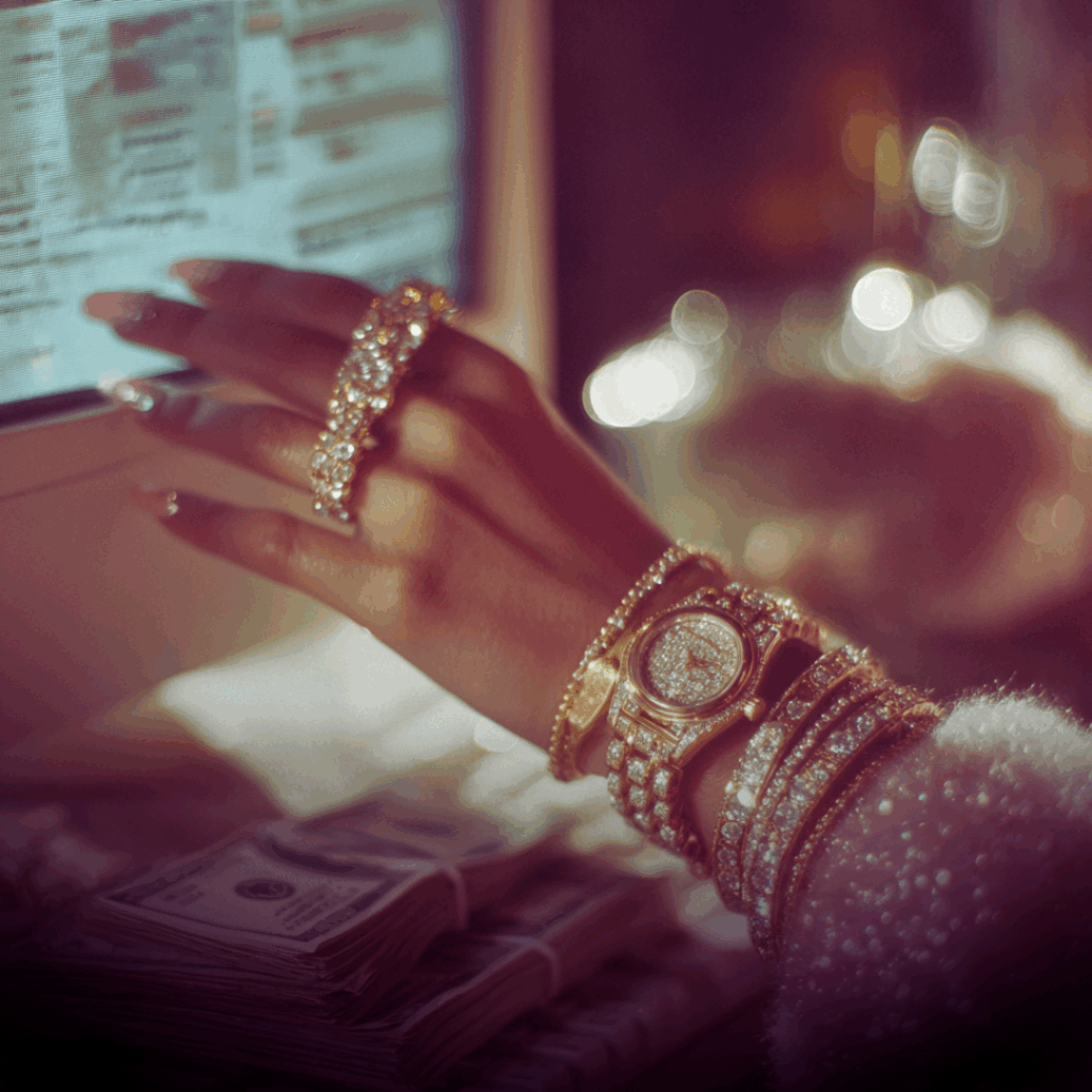 Close-up of a jeweled hand touching a glowing computer screen, symbolizing the trade of integrity for online attention in modern business culture.