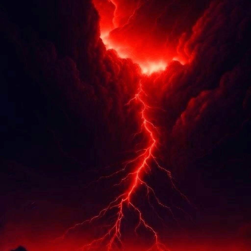 Red lightning bolt cutting through dark storm clouds, symbolizing power, disruption, and transformation — representing the intense energy of modern marketing shifts.