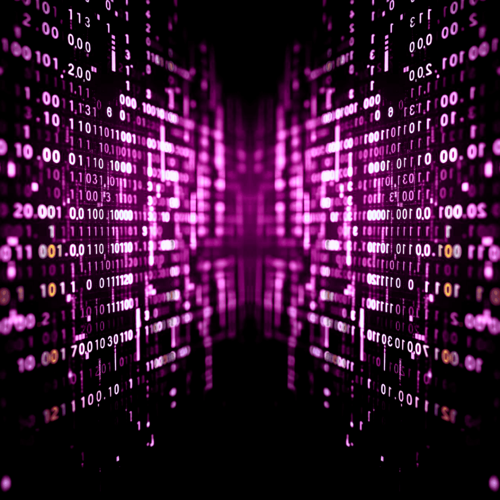 Abstract digital background in vibrant purple tones with flowing binary code, symbolizing the evolution of Answer Engine Optimization technology.