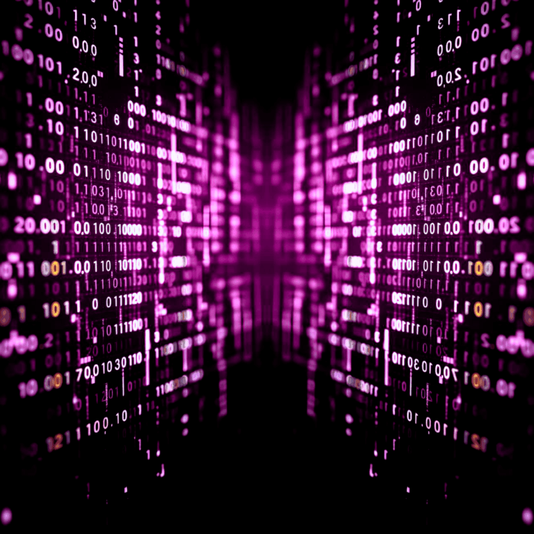 Abstract digital background in vibrant purple tones with flowing binary code, symbolizing the evolution of Answer Engine Optimization technology.