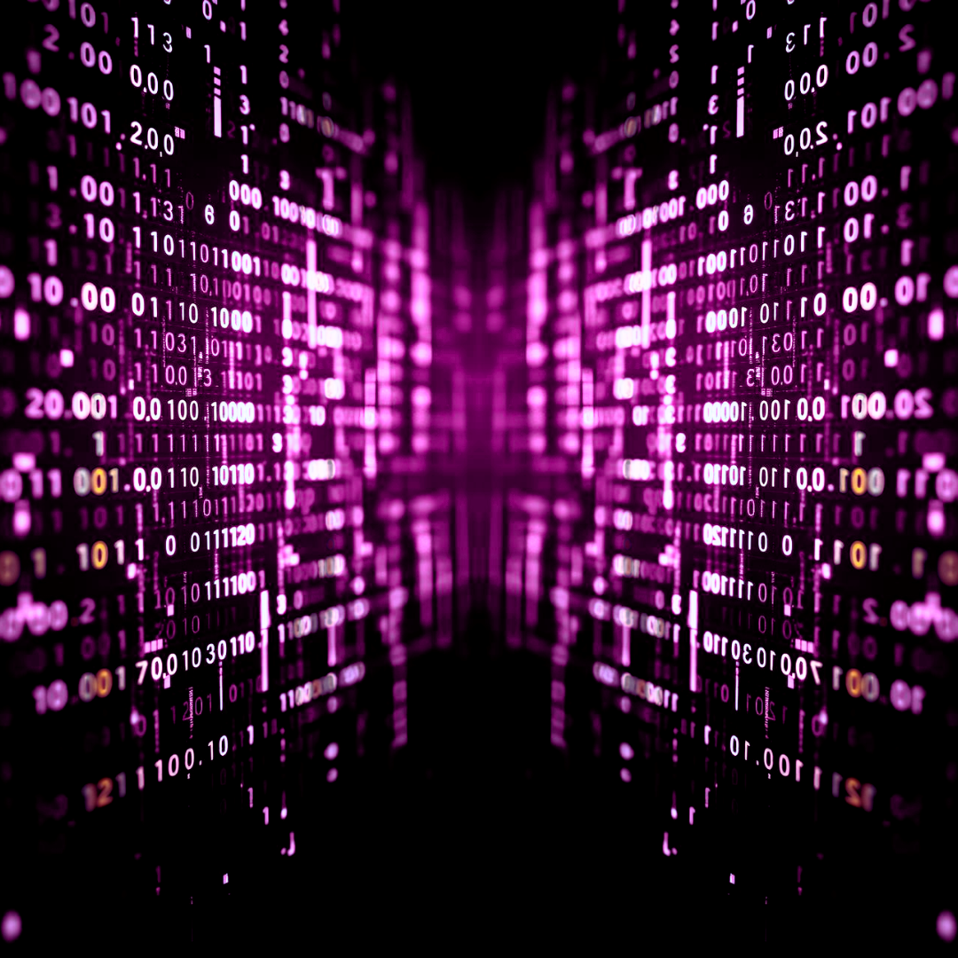 Abstract digital background in vibrant purple tones with flowing binary code, symbolizing the evolution of Answer Engine Optimization technology.