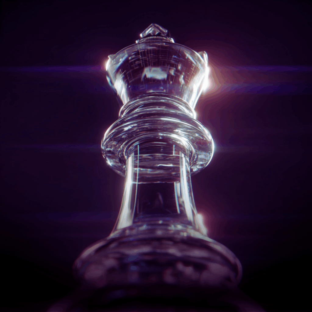 Glass chess queen on black surface under soft gold and silver lighting, symbolizing quiet authority and luxury branding.