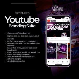 YouTube Branding Suite product mockup featuring mobile preview of a branded channel layout and content visuals.